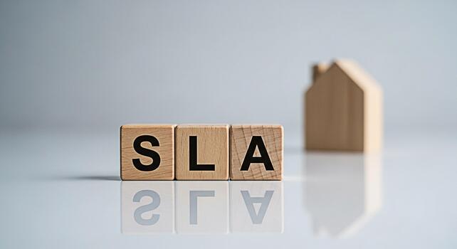 Wooden blocks spelling SLA resting on a reflective surface with a blurred house shape in the background symbolizing service level agreement for real estate and property management with a focus on clar photo