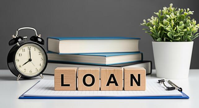 Wooden blocks spelling Loan on a clipboard in a bright office setting with an alarm clock and books representing financial planning and time management for debt repayment and a secure future photo