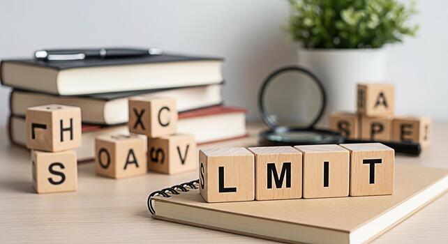 Wooden blocks spelling LIMIT resting on a notebook in a bright organized office environment symbolizing boundaries restrictions and the importance of setting and respecting limits for productivity and photo