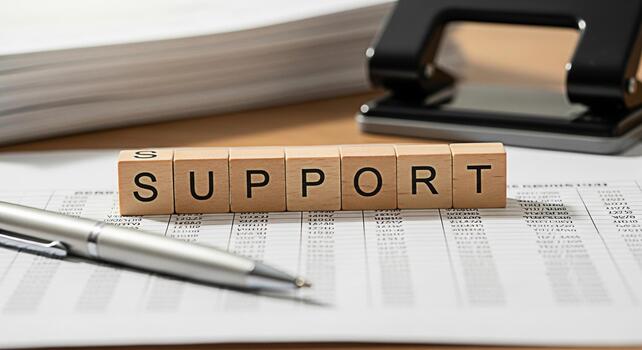 Wooden blocks spelling Support resting on a financial document in an office setting symbolizing assistance and collaboration in business and personal matters promoting a sense of security and reliabil photo