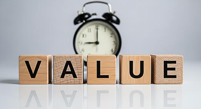 Wooden blocks spelling VALUE with a clock in the background emphasizing the importance of time management and the concept of valuing time in a simple clean studio setting conveying a sense of urgency photo