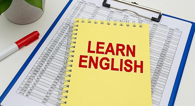 de cerca de un amarillo bloc con aprender Inglés texto metido en un portapapeles con financiero datos acompañado por un rojo marcador y un verde planta creando un estudiar ambiente para idioma aprendizaje foto