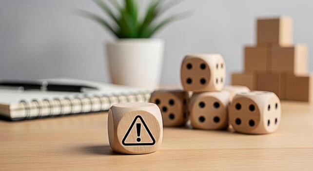 Wooden dice displaying an alert symbol on a desk representing risk assessment and management in a business environment conveying a sense of caution and strategic planning for potential challenges photo