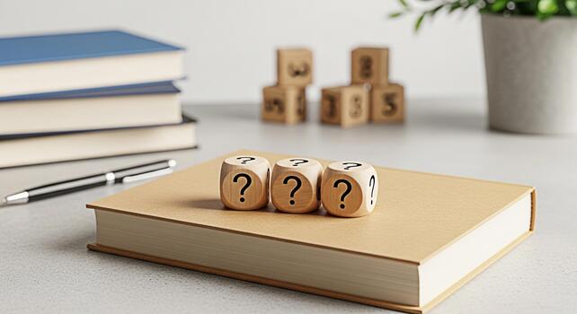 Wooden dice displaying question marks resting on a book in a bright modern study environment symbolizing curiosity learning and the pursuit of knowledge with a focus on education and problemsolving photo