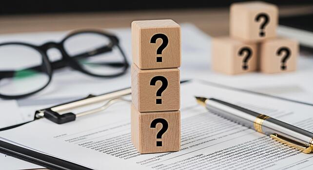 Stacked wooden blocks displaying question marks on a desk with paperwork glasses and a pen representing uncertainty problemsolving and the need for answers in a professional setting photo