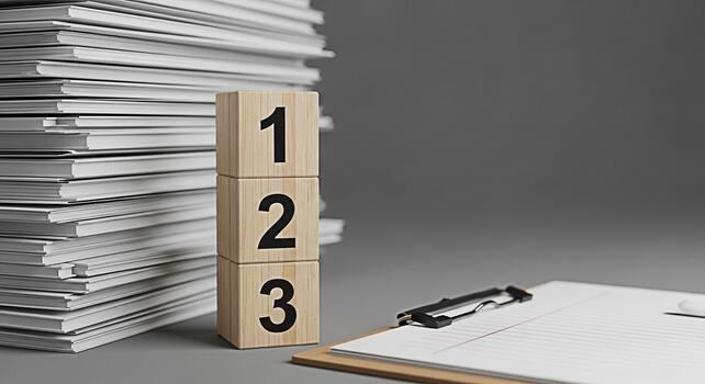 Wooden blocks displaying numbers stacked next to a pile of papers and a clipboard on a gray desk representing organization prioritization and a structured approach to tasks and workflow photo