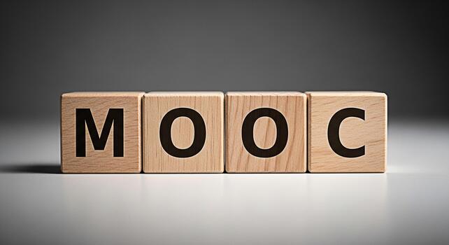 Wooden blocks spelling MOOC on a white surface in a studio setting representing online education and the concept of accessible learning for a global audience promoting knowledge and skill development photo