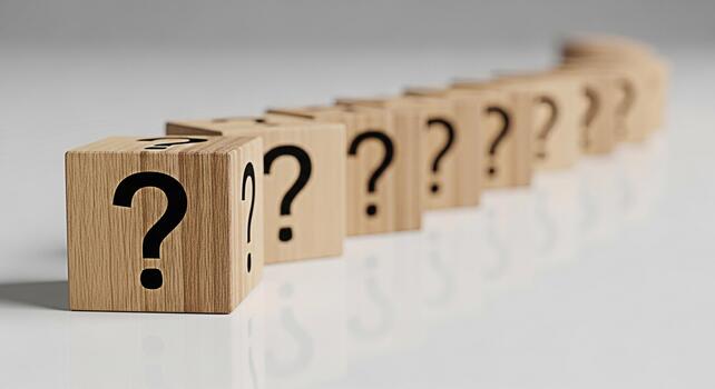 Row of wooden blocks displaying question marks on a reflective surface symbolizing uncertainty and the need for answers in a business or educational setting creating a mood of curiosity and problemsol photo