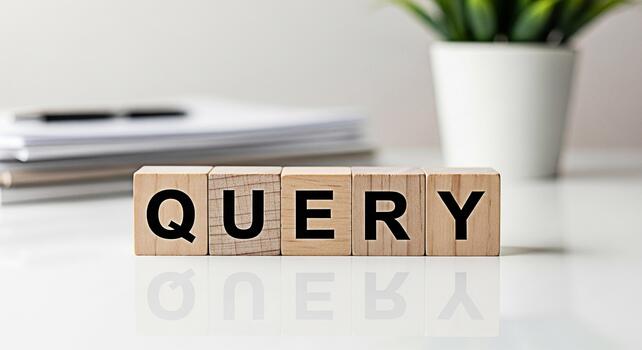 Wooden blocks spelling QUERY on a white desk in a bright office representing information retrieval and search engine optimization for effective online marketing and business strategy success photo