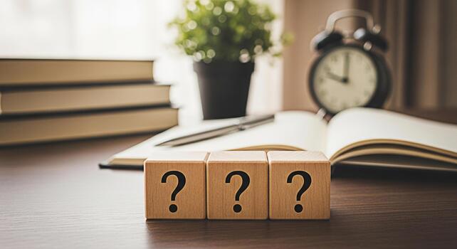 Three wooden blocks displaying question marks sit on a desk with books and an open notebook symbolizing uncertainty and the search for answers in a learning environment creating a mood of inquiry photo