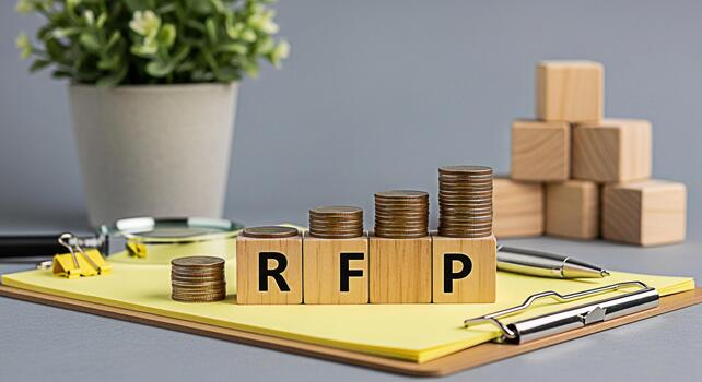 Stacks of coins rising on wooden blocks spelling RFP on a yellow clipboard in a business setting symbolizing financial growth and investment opportunities with a focus on request for proposal photo