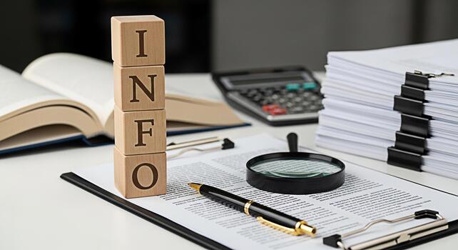 Wooden blocks spelling INFO on a desk with documents and a calculator representing information gathering and analysis in a professional office environment for business intelligence photo
