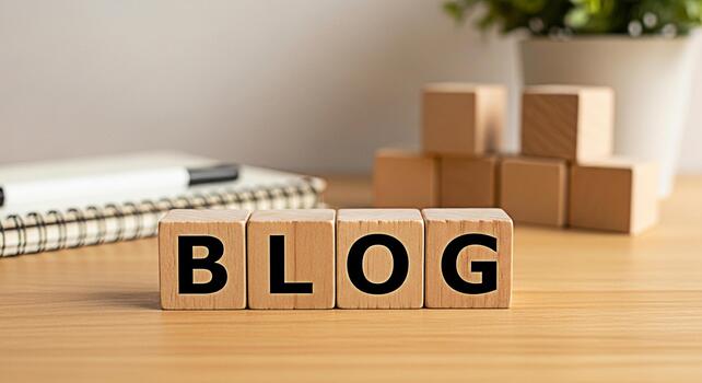 Wooden blocks spelling BLOG on a desk with a notebook and pen symbolizing content creation and online presence in a bright minimalist workspace conveying a sense of creativity and information sharing photo