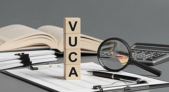 VUCA wooden blocks sitting on a financial document in a corporate office symbolizing volatility uncertainty complexity and ambiguity in business strategy and decisionmaking processes with a magnifying photo