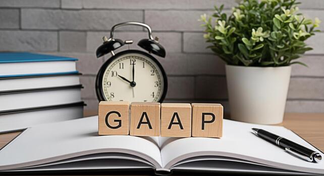 GAAP wooden blocks sitting on an open book in a bright office setting symbolizing financial accounting standards and compliance with a focus on accuracy transparency and regulatory adherence photo