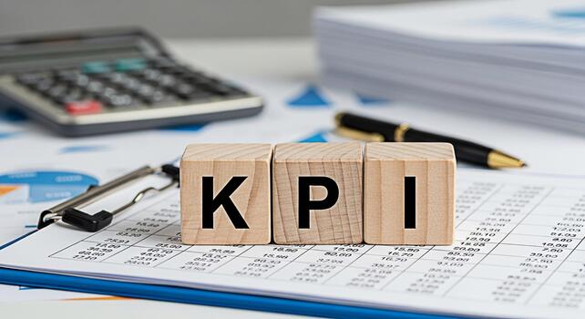 Wooden blocks spelling KPI on a financial report in a bright office setting representing key performance indicators and business success with a focus on datadriven decisionmaking photo