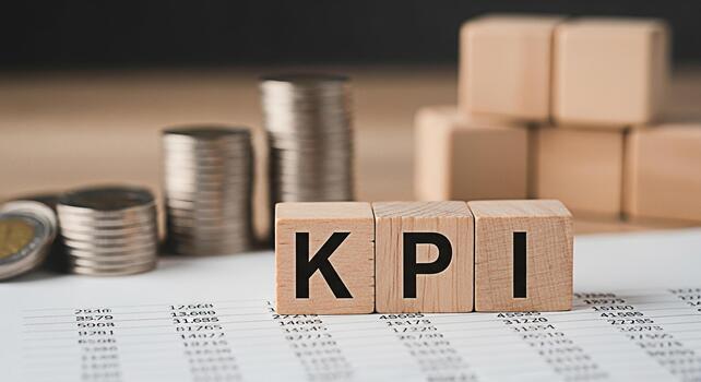 Wooden blocks spelling KPI on financial report with stacks of coins in the background representing key performance indicators and business success in a financial setting conveying growth and achieveme photo