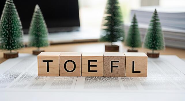 Wooden blocks spelling TOEFL on a printed document surrounded by miniature Christmas trees on a desk creating a festive and academic atmosphere for exam preparation and language proficiency testing photo