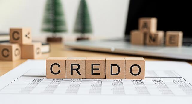 Wooden blocks spelling CREDO resting on a financial spreadsheet in a modern office symbolizing core values and ethical business practices promoting trust and integrity in the workplace photo