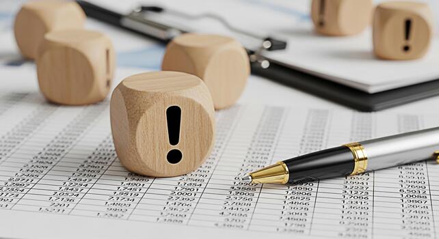 Wooden dice with exclamation mark on financial data sheet emphasizing risk assessment and critical decisionmaking in business strategy and investment planning highlighting potential problems photo