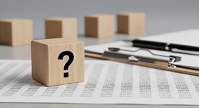 Wooden block displaying a question mark resting on financial data sheet with a pen and clipboard in a neutral setting representing uncertainty in business and investment decisions photo