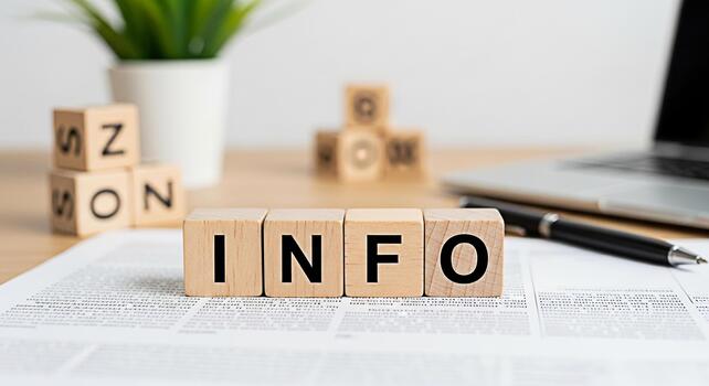 Wooden blocks spelling INFO on a desk with a laptop and pen conveying information and knowledge in a modern office environment symbolizing business intelligence and data analysis for informed decision photo