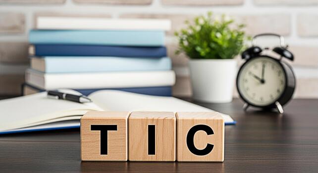 Wooden blocks spelling TIC on a desk with books a plant and an alarm clock representing time investment and commitment to learning and growth in a professional or educational setting photo