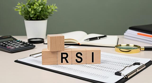 Wooden blocks displaying RSI on a desk with financial data calculator and office supplies representing Relative Strength Index analysis and investment strategy in a professional setting photo