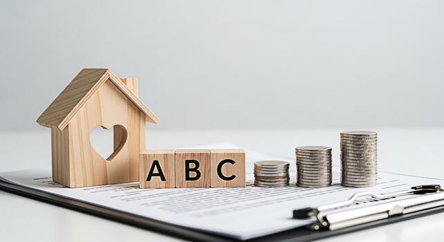 Wooden house model ABC blocks and stacks of coins resting on a financial document on a white table representing the basics of home ownership investment and financial planning with a hopeful and secure photo