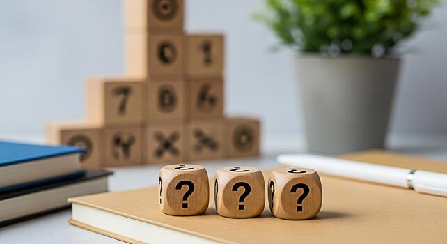 Three wooden dice displaying question marks resting on a tan notebook in a bright modern office setting representing uncertainty problemsolving and the search for answers in business and education photo