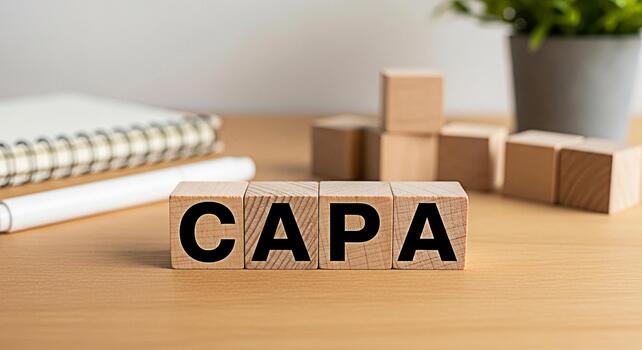 Wooden blocks spelling CAPA on a wooden desk representing corrective and preventive actions in a bright office setting conveying quality control and continuous improvement photo