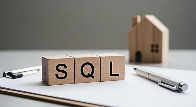Wooden blocks spelling SQL on a white desk with a wooden house model representing database management and structured query language in a minimalist and professional setting conveying data organization photo