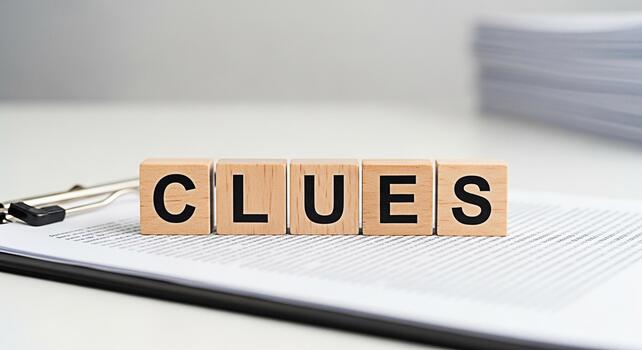 Wooden blocks spelling Clues resting on a clipboard with documents in a bright office setting symbolizing investigation problemsolving and the pursuit of answers with a clean and professional aestheti photo