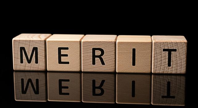 Wooden blocks spelling MERIT on a reflective black surface symbolizing achievement and success in a competitive environment highlighting the importance of skills and qualifications for career advancem photo