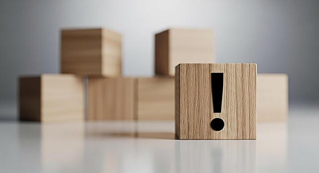 Wooden block displaying an exclamation mark stands out among other blocks in a minimalist studio setting symbolizing urgency attention and the importance of problemsolving and critical thinking photo