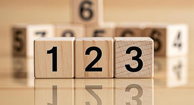 Wooden number blocks displaying 1 2 and 3 on a reflective surface symbolizing sequence and learning in an educational setting creating a playful and engaging atmosphere for childrens development photo