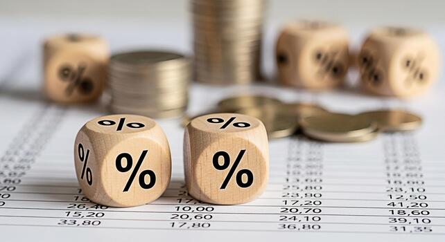 Wooden dice displaying percentage signs resting on a financial report with stacked coins symbolizing interest rates investment returns and economic analysis in a business context photo