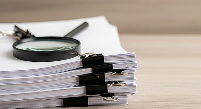 Stack of white papers secured with binder clips and a magnifying glass resting on top sitting on a wooden desk symbolizing research analysis and attention to detail in a professional setting photo
