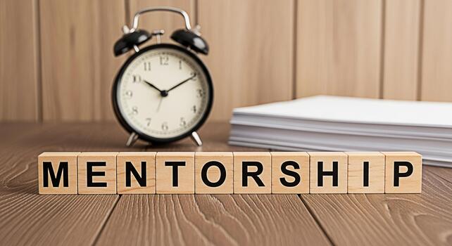 Wooden blocks spelling MENTORSHIP on a wooden desk with an alarm clock and a stack of papers symbolizing guidance support and the importance of time management in professional development photo