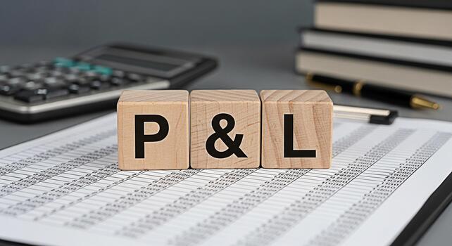 Wooden blocks displaying P L on a financial report alongside a calculator and pen symbolizing profit and loss analysis in a business setting creating a focused and analytical atmosphere photo