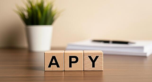 de madera bloques ortografía api en un escritorio con un planta y papeleo representando anual porcentaje rendimiento en un financiero y educativo ajuste transporte un sentido de inversión y crecimiento foto