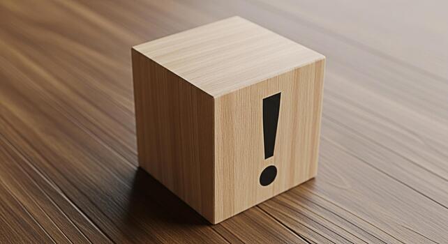 Wooden cube displaying an exclamation mark on a wood floor symbolizing attention warning and the importance of problemsolving in a natural and minimalist setting creating a sense of urgency and focus photo