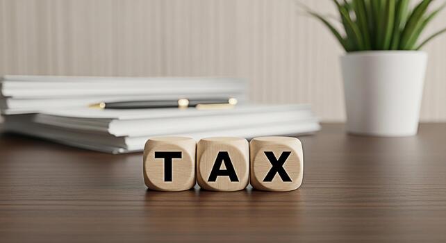 Wooden blocks spelling TAX on a desk with documents and a pen symbolizing financial planning and compliance in a professional office environment creating a mood of responsibility and organization photo