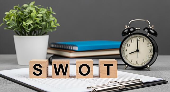 Wooden blocks spelling SWOT on a clipboard in a business setting representing strategic planning and analysis for business growth with a clock and plant adding a sense of urgency and focus photo