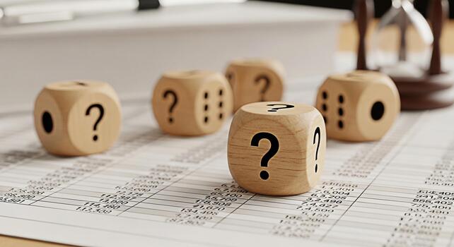 Wooden dice displaying question marks scattered on a financial spreadsheet representing uncertainty and risk in business decisions with an hourglass in the background creating a sense of urgency and t photo