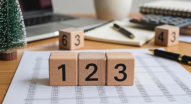 Wooden number blocks displaying 123 on a financial spreadsheet in a bright office setting symbolizing accounting finance and the importance of numbers in business success and financial planning photo