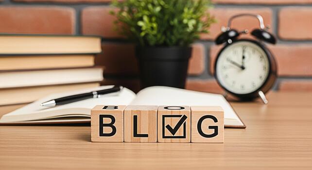 Wooden blocks spelling BLOG on a desk with books a pen a plant and an alarm clock in a cozy office setting symbolizing content creation online presence and the importance of timely and engaging blog p photo