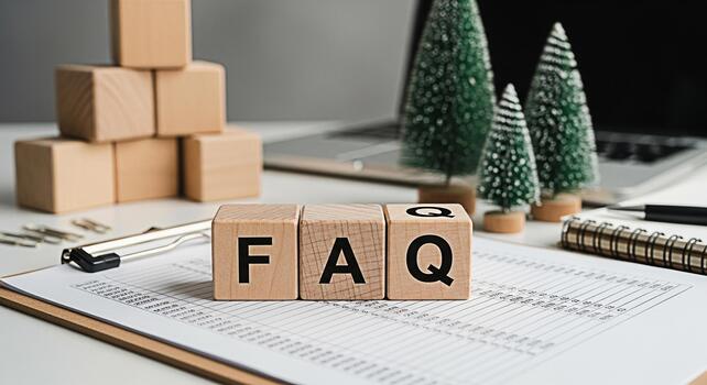 Wooden blocks spelling FAQ on a clipboard with financial data in a bright office setting conveying a sense of clarity and information for frequently asked questions and business support photo