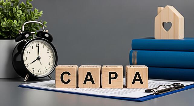 Wooden blocks spelling CAPA on a desk with an alarm clock house figure books and plant representing Corrective and Preventive Action in a business setting symbolizing quality control and compliance photo