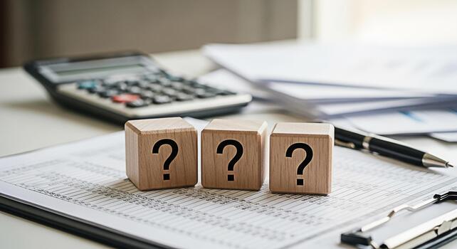 Wooden blocks displaying question marks on a financial report in a bright office setting representing uncertainty analysis and the need for strategic decisionmaking in business and investment photo